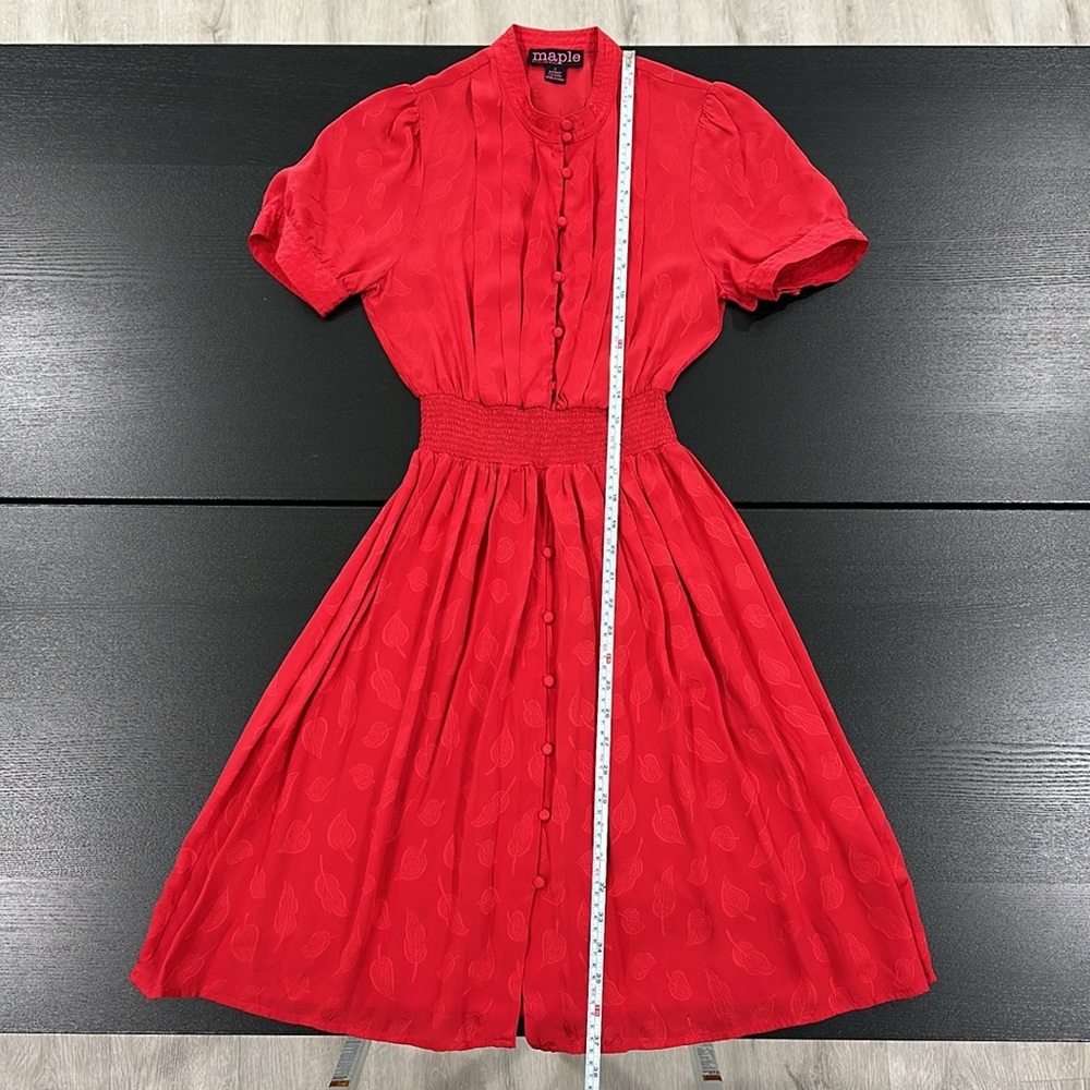 Anthropologie Maple 100% Silk Vintage Style Crimson Red Leaf Print Dress - 2 - Picture 8 of 9